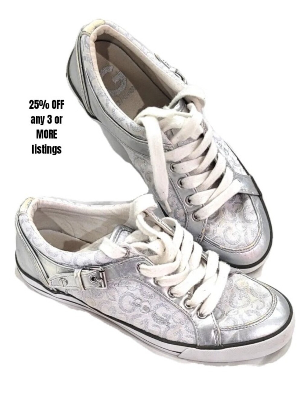 White Sneakers Silver Graphic Print Size 8 Guess Retro Metallic Vintage Tennis